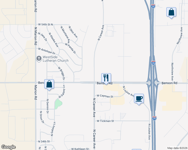map of restaurants, bars, coffee shops, grocery stores, and more near North Career Avenue in Sioux Falls