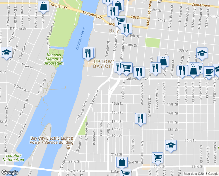 map of restaurants, bars, coffee shops, grocery stores, and more near 229 Garfield Avenue in Bay City