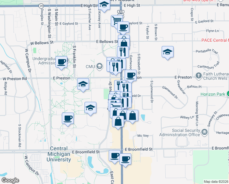 map of restaurants, bars, coffee shops, grocery stores, and more near 1418 South Mission Street in Mount Pleasant