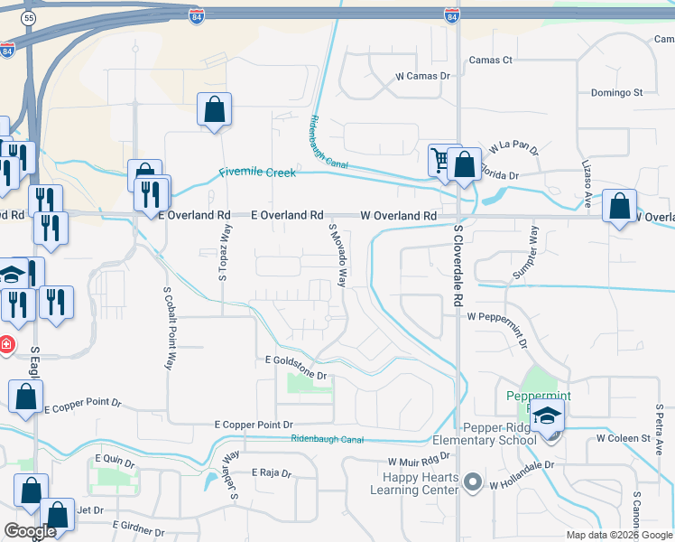 map of restaurants, bars, coffee shops, grocery stores, and more near 4369 East Vacheron Street in Meridian