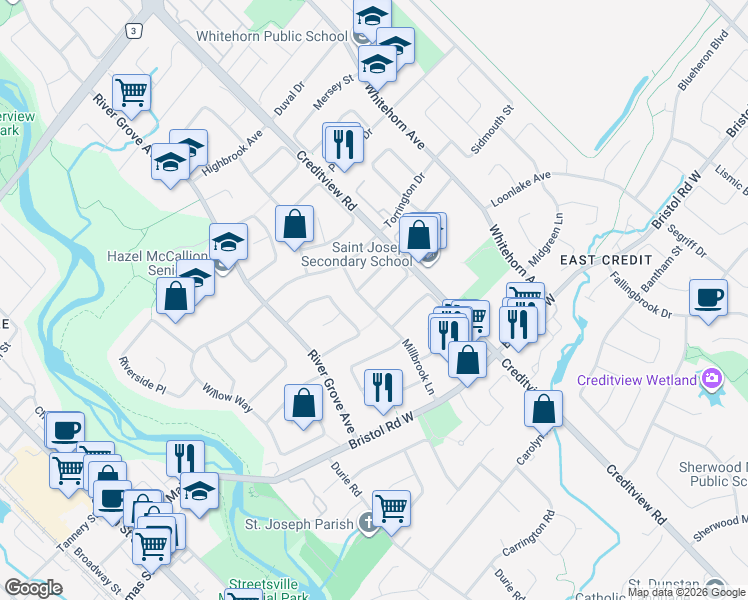 map of restaurants, bars, coffee shops, grocery stores, and more near 1539 Evenside Crescent in Mississauga