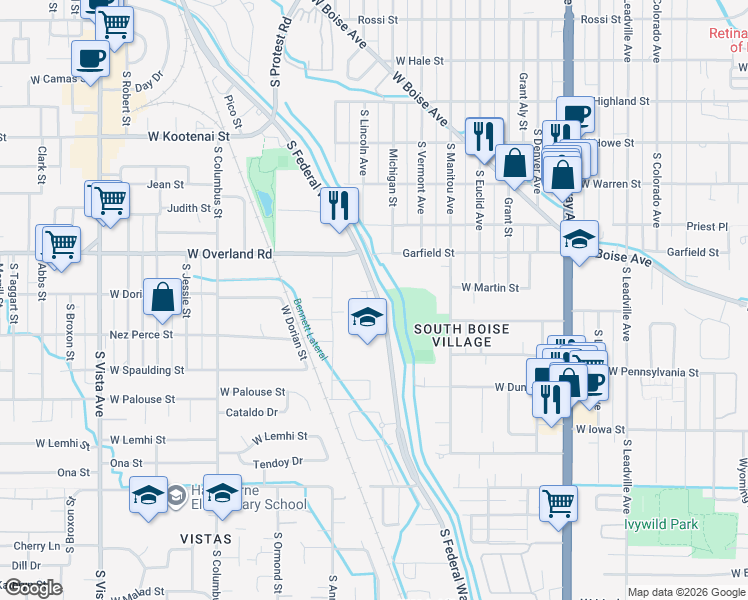 map of restaurants, bars, coffee shops, grocery stores, and more near 1707 South Federal Way in Boise