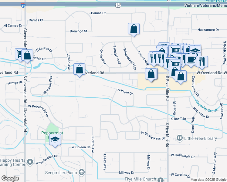 map of restaurants, bars, coffee shops, grocery stores, and more near 11215 West Inglin Court in Boise