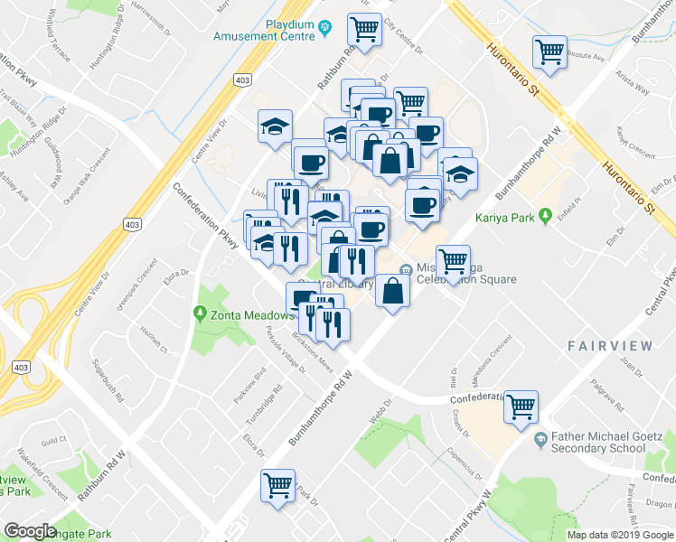 map of restaurants, bars, coffee shops, grocery stores, and more near 350 Princess Royal Drive in Mississauga