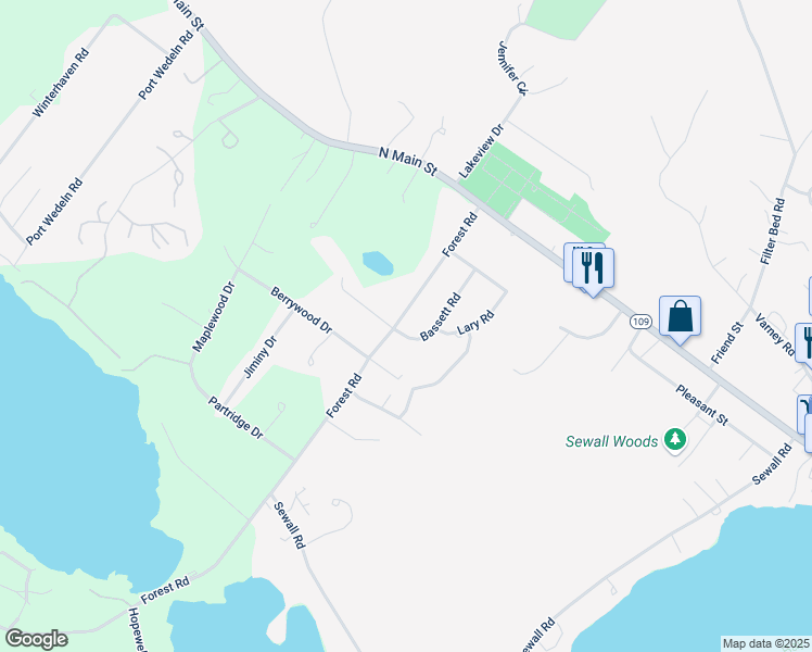 map of restaurants, bars, coffee shops, grocery stores, and more near 58 Forest Road in Wolfeboro
