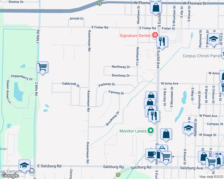 map of restaurants, bars, coffee shops, grocery stores, and more near 3331 Fairway Drive in Bay City