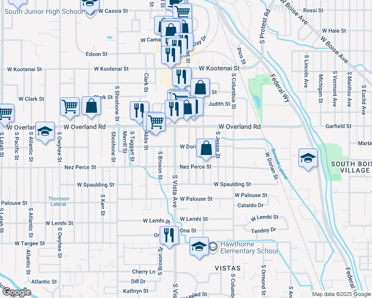 map of restaurants, bars, coffee shops, grocery stores, and more near 1701 Robert Street in Boise