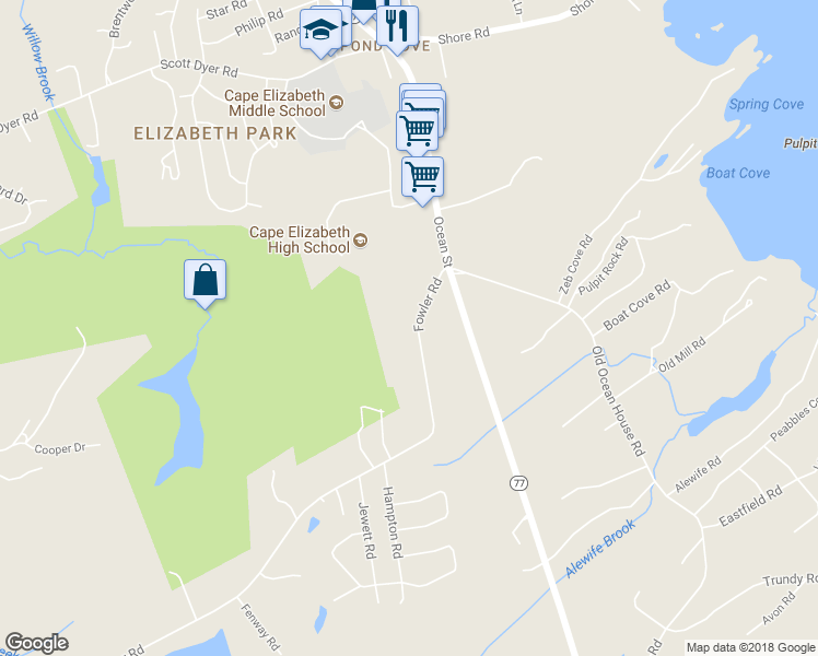 map of restaurants, bars, coffee shops, grocery stores, and more near 27 Fowler Road in Cape Elizabeth