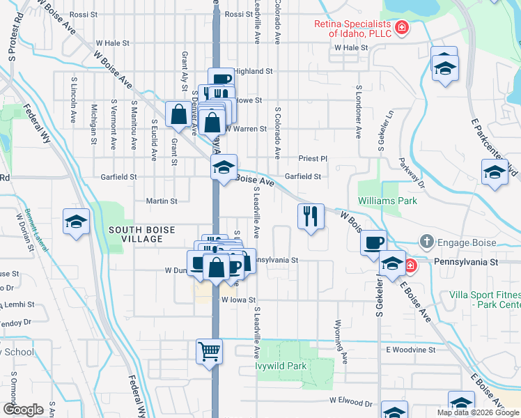 map of restaurants, bars, coffee shops, grocery stores, and more near 1936 South Leadville Avenue in Boise