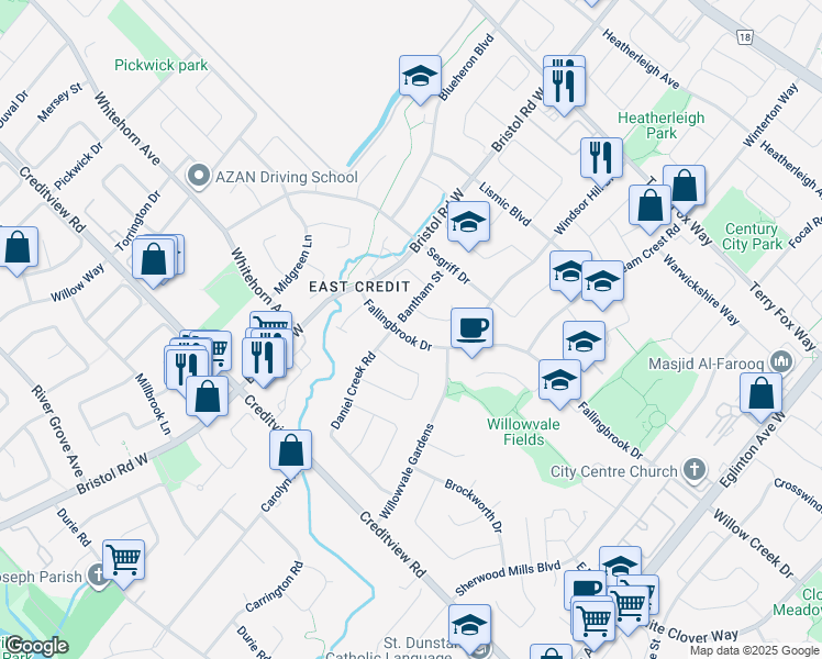 map of restaurants, bars, coffee shops, grocery stores, and more near 5365 Fallingbrook Drive in Mississauga