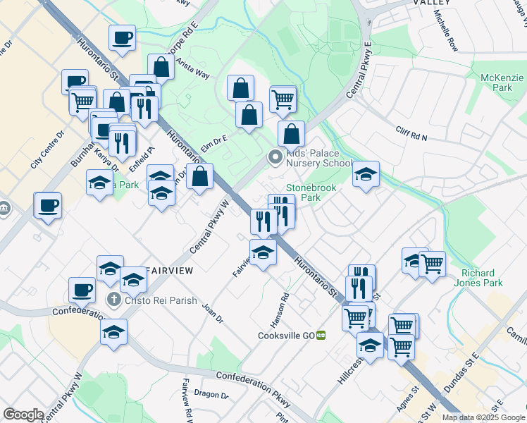 map of restaurants, bars, coffee shops, grocery stores, and more near 15 Fairview Road East in Mississauga