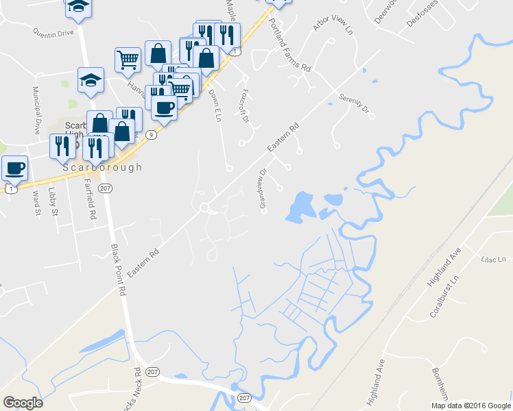 map of restaurants, bars, coffee shops, grocery stores, and more near 17 Grandview Drive in Scarborough