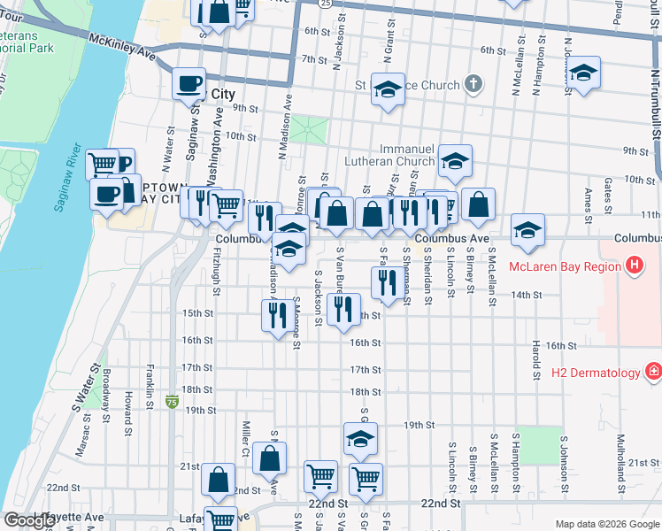map of restaurants, bars, coffee shops, grocery stores, and more near 808 13th Street in Bay City