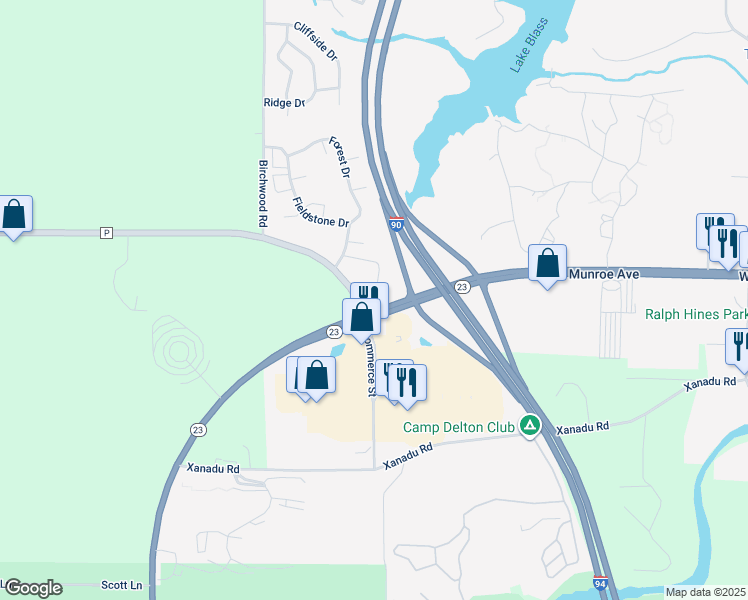 map of restaurants, bars, coffee shops, grocery stores, and more near 14 County Road P in Wisconsin Dells
