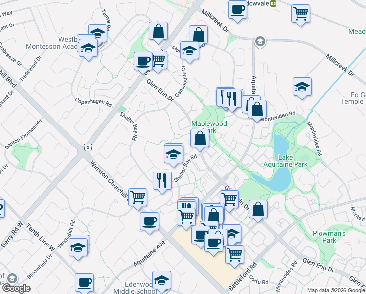 map of restaurants, bars, coffee shops, grocery stores, and more near 6679 Shelter Bay Road in Mississauga