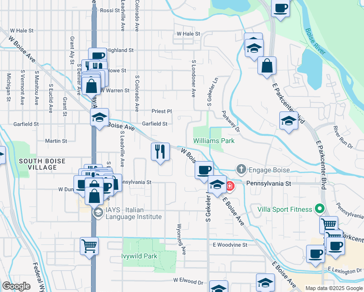 map of restaurants, bars, coffee shops, grocery stores, and more near 1967 South Londoner Way in Boise