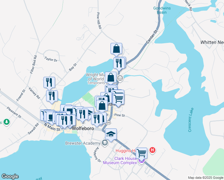 map of restaurants, bars, coffee shops, grocery stores, and more near 64 Center St in Wolfeboro