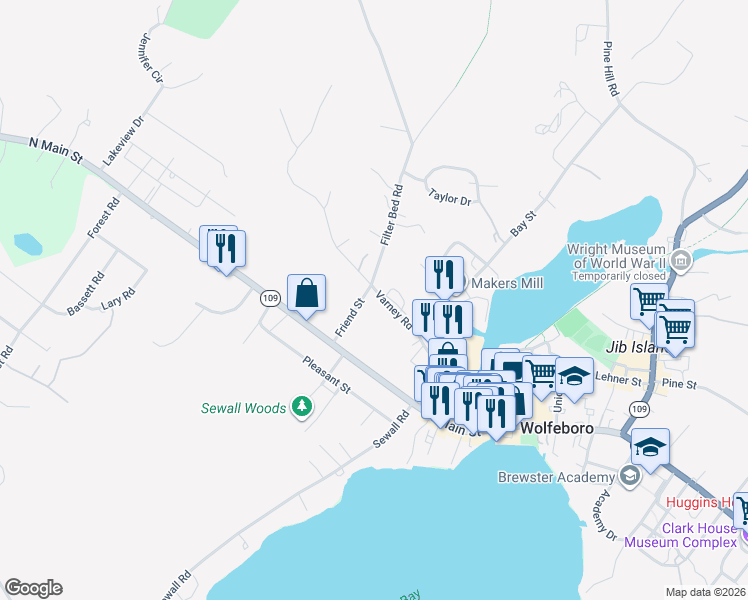 map of restaurants, bars, coffee shops, grocery stores, and more near 24 Varney Road in Wolfeboro