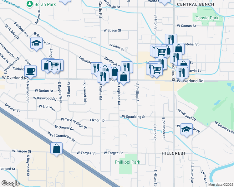 map of restaurants, bars, coffee shops, grocery stores, and more near 5619 West Dorian Lane in Boise