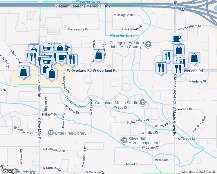 map of restaurants, bars, coffee shops, grocery stores, and more near 1747 South Linda Vista Avenue in Boise