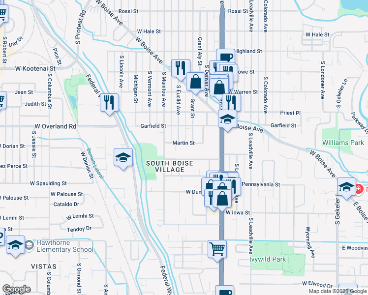 map of restaurants, bars, coffee shops, grocery stores, and more near 1313 Martin Street in Boise