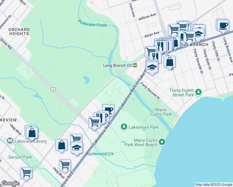 map of restaurants, bars, coffee shops, grocery stores, and more near 1515 Lakeshore Road East in Mississauga