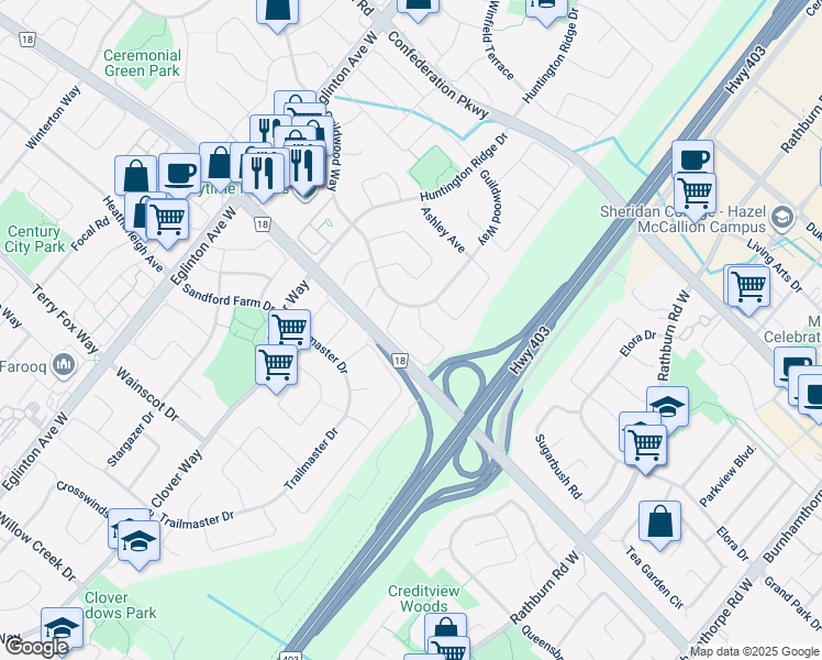 map of restaurants, bars, coffee shops, grocery stores, and more near in Mississauga