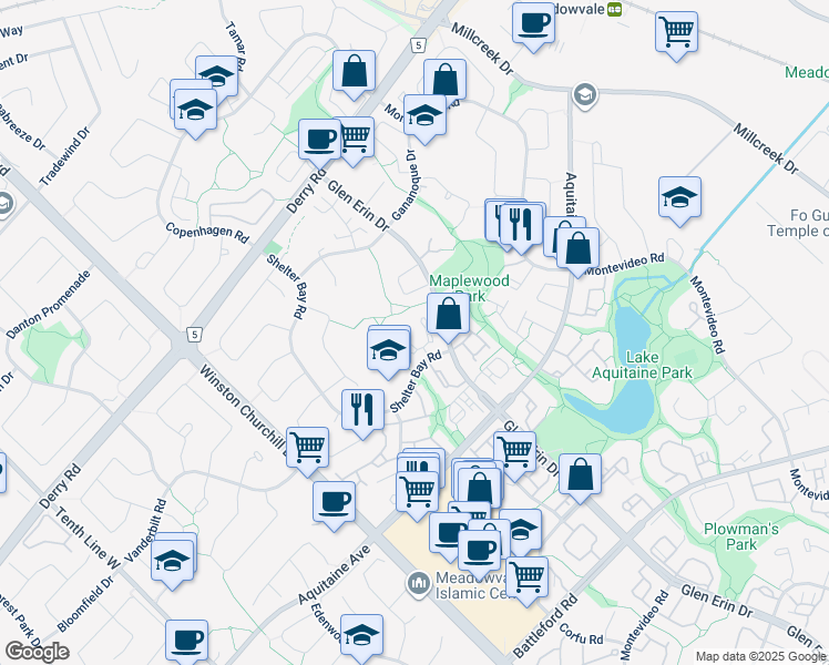 map of restaurants, bars, coffee shops, grocery stores, and more near 6679 Shelter Bay Road in Mississauga