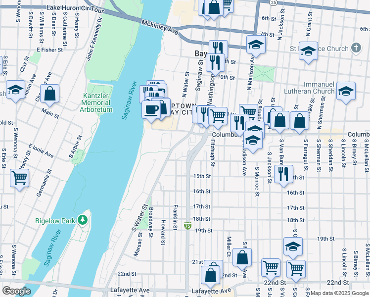 map of restaurants, bars, coffee shops, grocery stores, and more near 201-229 Garfield Avenue in Bay City