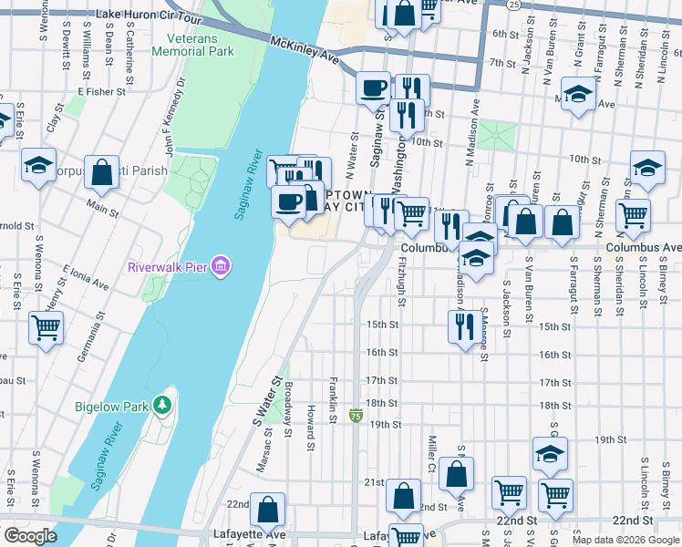 map of restaurants, bars, coffee shops, grocery stores, and more near 198 Garfield Ave in Bay City