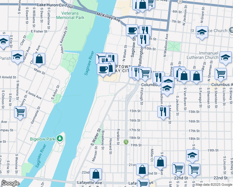 map of restaurants, bars, coffee shops, grocery stores, and more near 198 Garfield Avenue in Bay City
