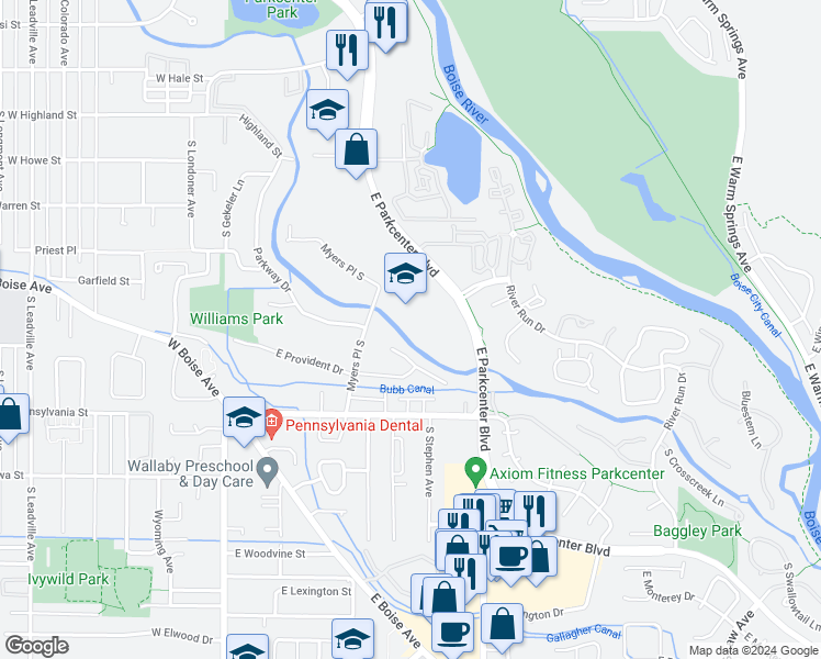 map of restaurants, bars, coffee shops, grocery stores, and more near 751 East Parkcenter Boulevard in Boise