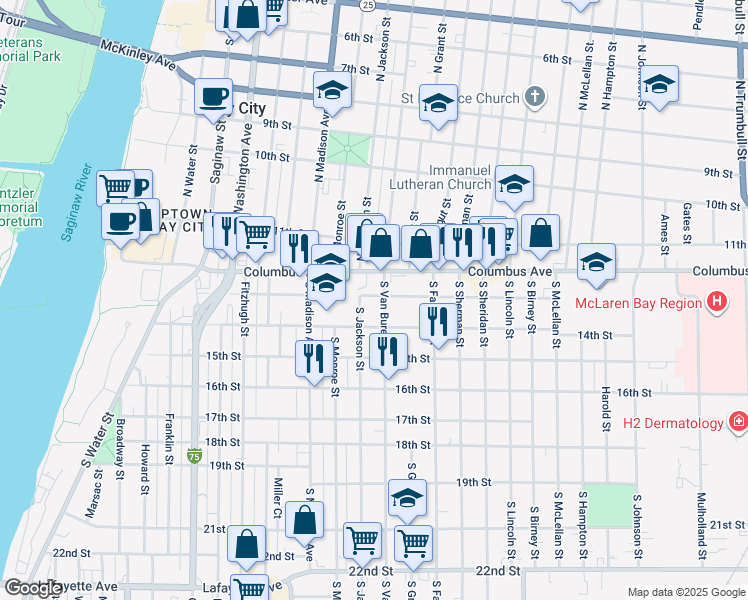 map of restaurants, bars, coffee shops, grocery stores, and more near 808 13th Street in Bay City