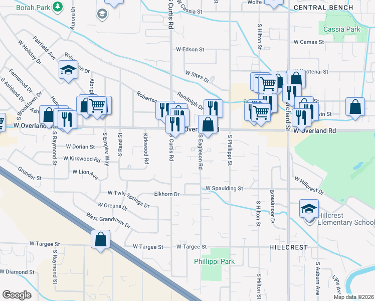 map of restaurants, bars, coffee shops, grocery stores, and more near 1704 South Curtis Road in Boise