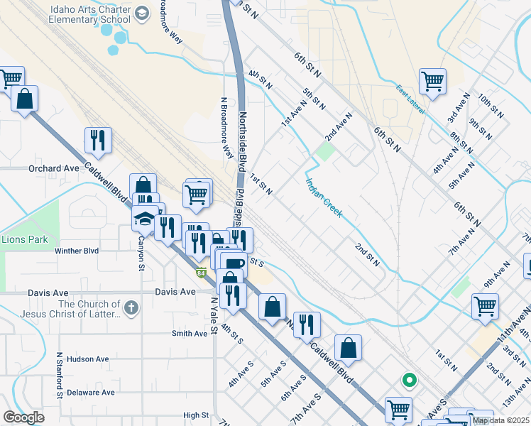 map of restaurants, bars, coffee shops, grocery stores, and more near 217 1st Street North in Nampa