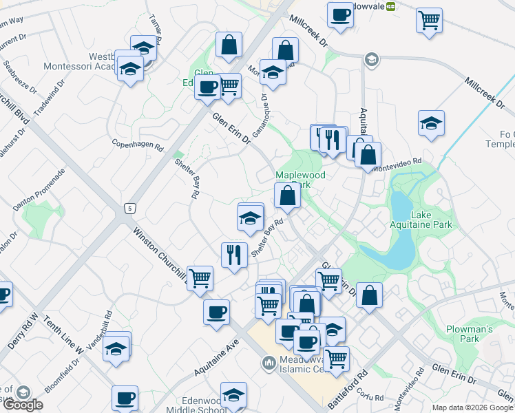map of restaurants, bars, coffee shops, grocery stores, and more near 6679 Shelter Bay Road in Mississauga