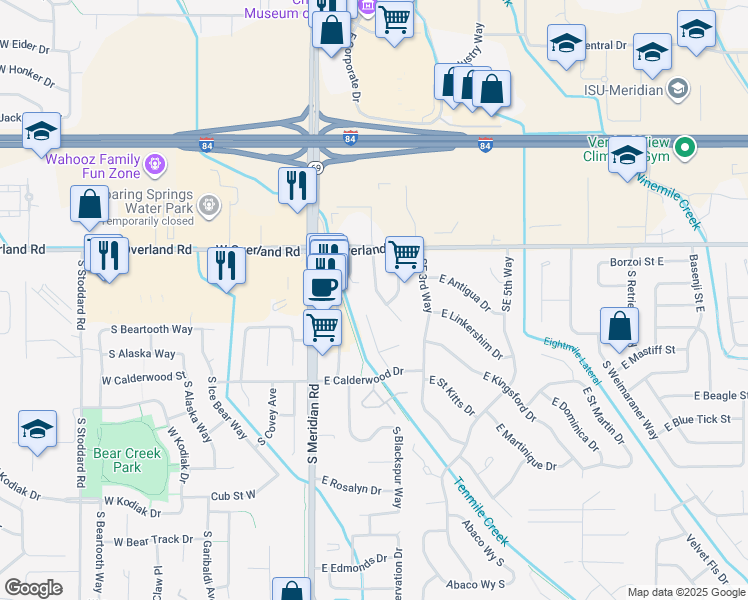 map of restaurants, bars, coffee shops, grocery stores, and more near 1779 Country Terrace Way in Meridian
