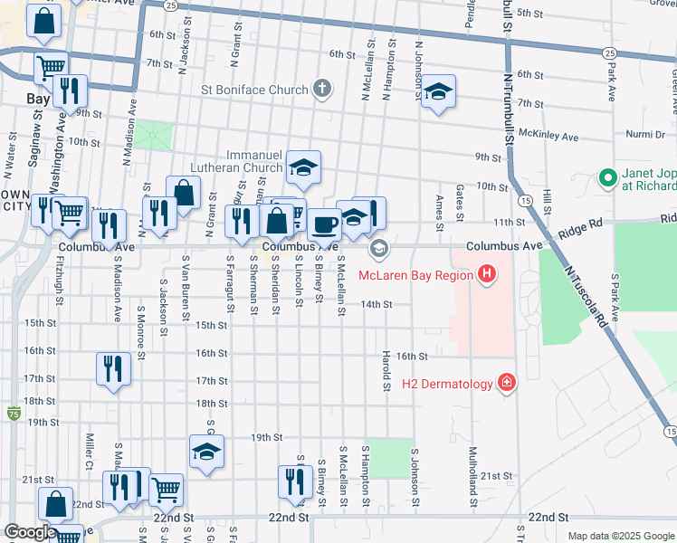 map of restaurants, bars, coffee shops, grocery stores, and more near 1598 13th Street in Bay City