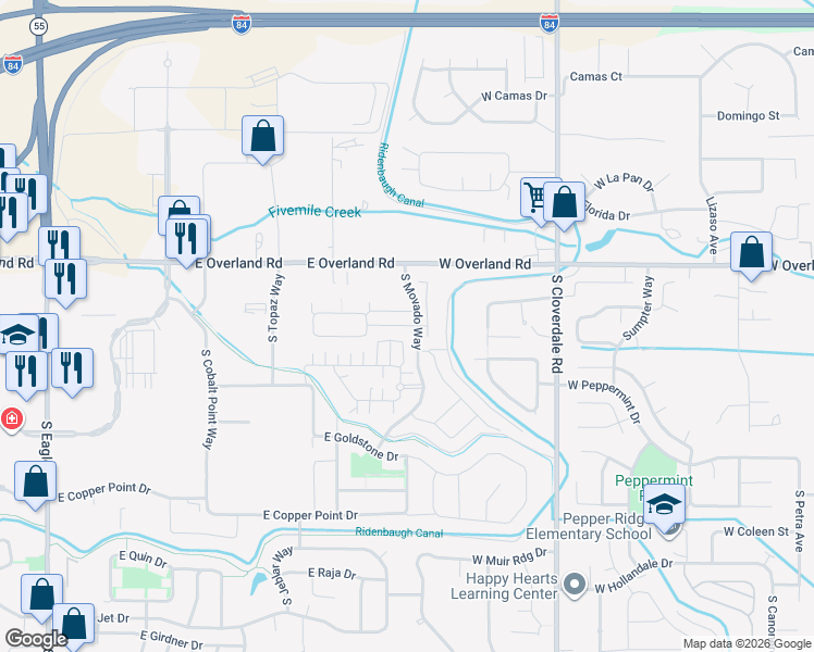 map of restaurants, bars, coffee shops, grocery stores, and more near 4369 East Vacheron Street in Meridian
