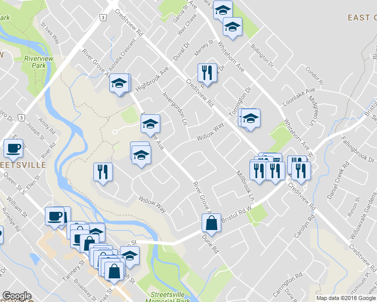 map of restaurants, bars, coffee shops, grocery stores, and more near 1498 Stillriver Crescent in Mississauga
