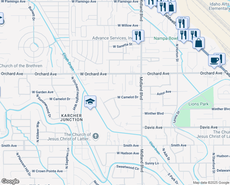 map of restaurants, bars, coffee shops, grocery stores, and more near 1307 West Roberts Place in Nampa