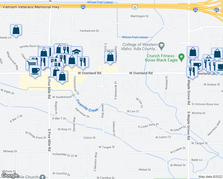 map of restaurants, bars, coffee shops, grocery stores, and more near 1731 South Watersilk Place in Boise