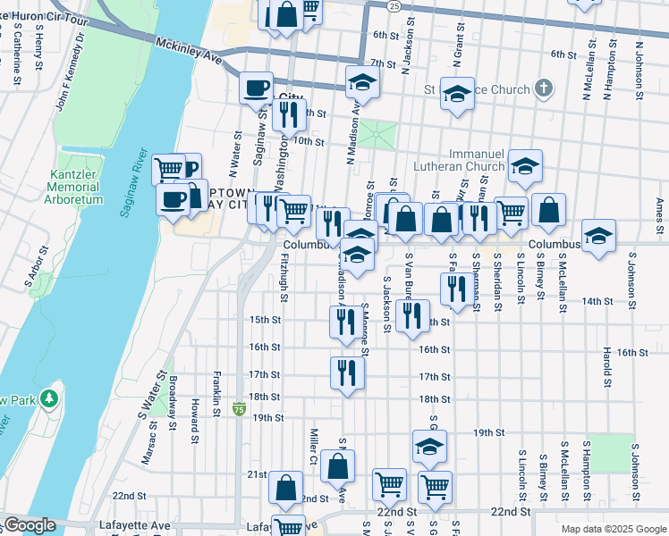 map of restaurants, bars, coffee shops, grocery stores, and more near 200 South Madison Avenue in Bay City