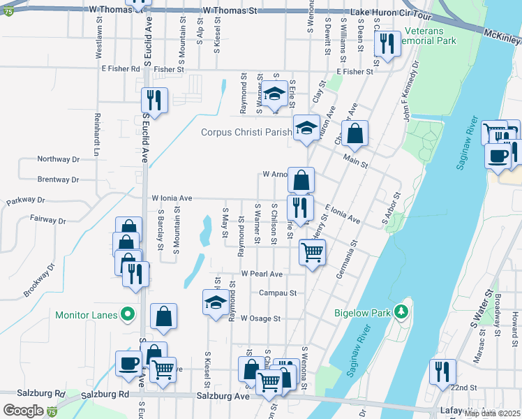 map of restaurants, bars, coffee shops, grocery stores, and more near 1205 South Warner Street in Bay City