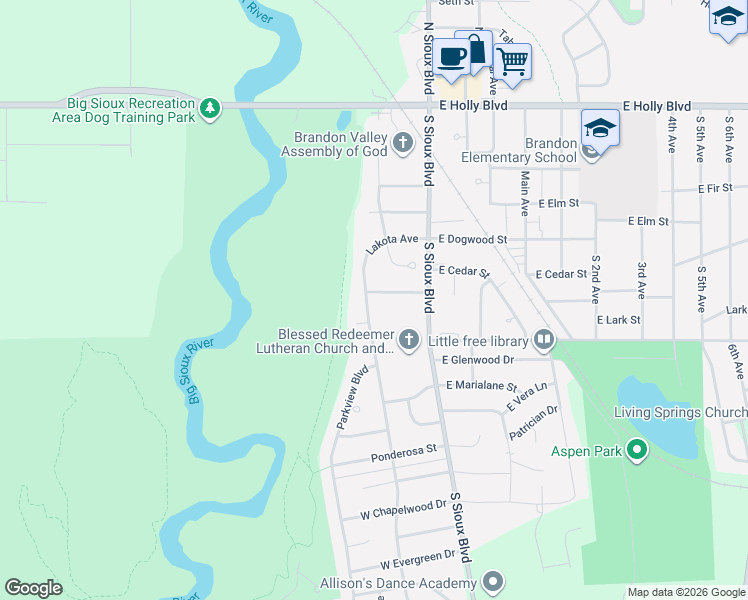 map of restaurants, bars, coffee shops, grocery stores, and more near 600 Lakota Avenue in Brandon