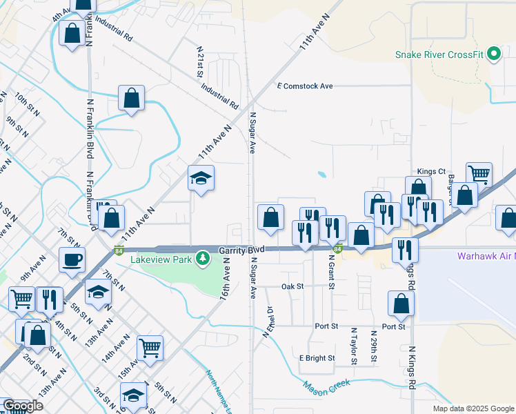 map of restaurants, bars, coffee shops, grocery stores, and more near 422 North Sugar Street in Nampa