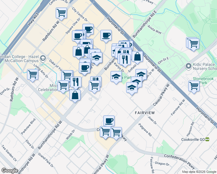 map of restaurants, bars, coffee shops, grocery stores, and more near 3590 Joan Drive in Mississauga