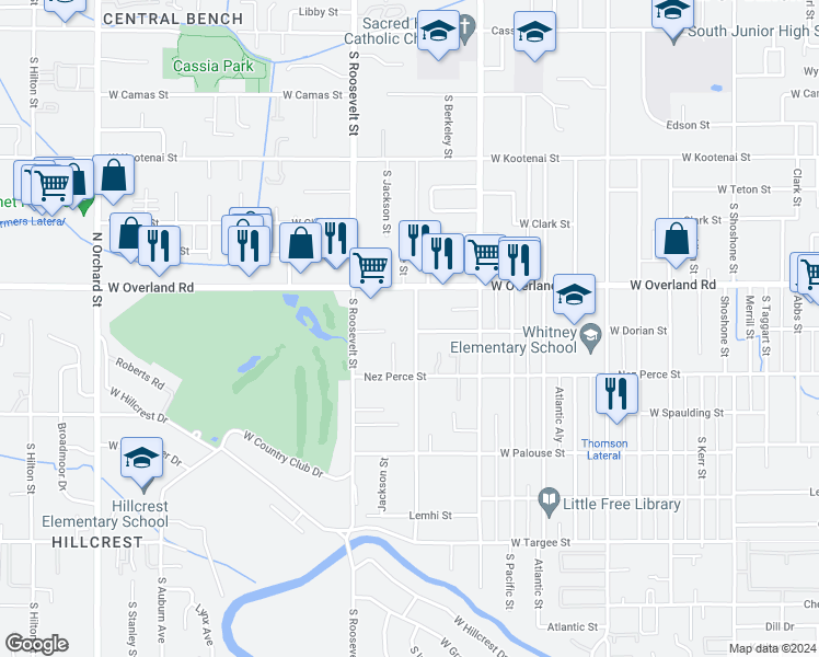 map of restaurants, bars, coffee shops, grocery stores, and more near 1681 Cleveland Street in Boise