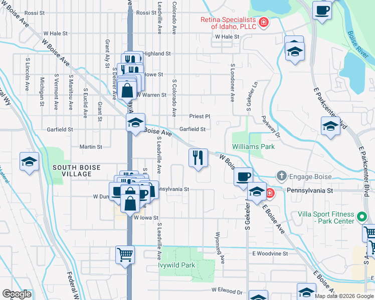 map of restaurants, bars, coffee shops, grocery stores, and more near 601 West Boise Avenue in Boise