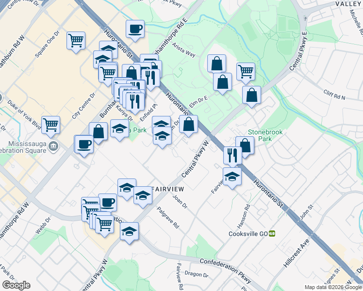 map of restaurants, bars, coffee shops, grocery stores, and more near 2008-3525 Kariya Drive in Mississauga
